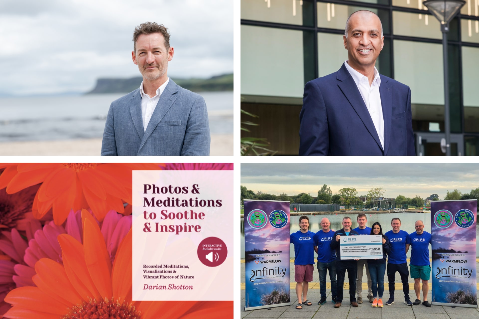 Collage of four images: A man in a suit on a beach, another man smiling in an office, a book cover with flowers, and a group holding a large cheque outdoors.